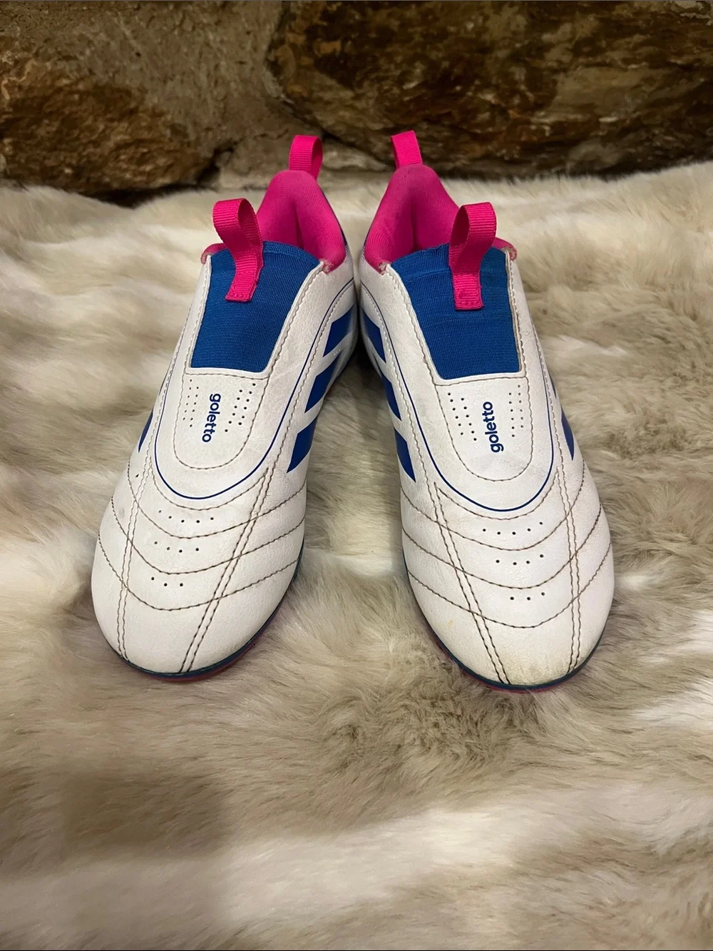 adidas Kids White goletto soccer cleats Blue Panels and Pink Accents